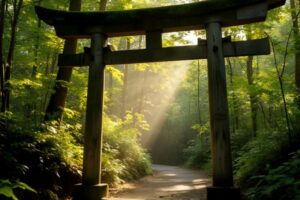 早朝の神社の鳥居を照らす木漏れ日(合格祈願のイメージ)